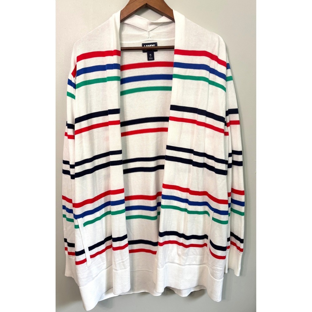 Lands End Womens XL White Multi Stripe Cotton Open Front Cardigan Sweater Pocket